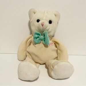 Vintage Cat Plush Cream Floppy Stuffed Animal Toy Green Bow HAPPY 10” Kitty